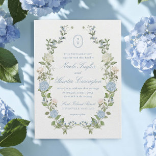 Blue Hydrangea Monogram Crest Wedding Invitation
