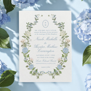 Blue Hydrangea Monogram Crest Wedding Invitation