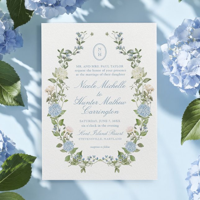 Blue Hydrangea Monogram Crest Wedding Invitation (Creator Uploaded)