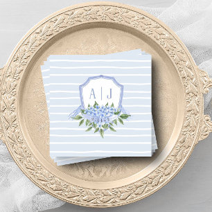 Blue Hydrangea Monogram Crest with Stripes Favour Napkin