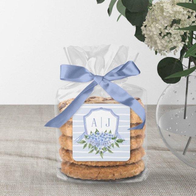 Blue Hydrangea Monogram Crest with Stripes Favour Square Sticker (Creator Uploaded)
