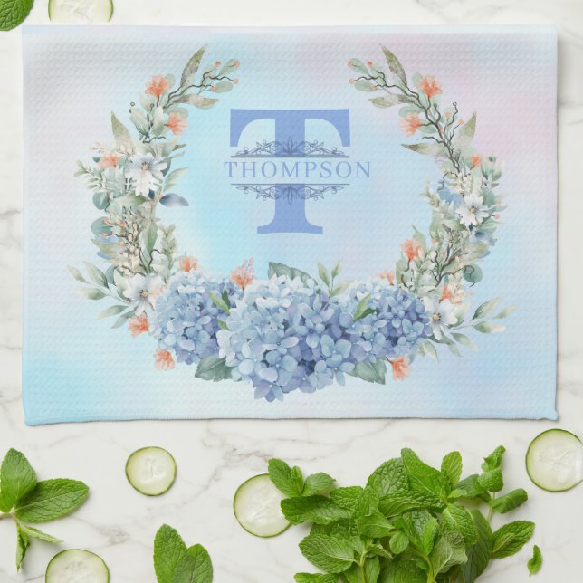 Blue Hydrangea Monogram Kitchen Towel (Folded)