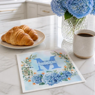 Blue Hydrangea Monogram Paper Napkin