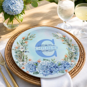Blue Hydrangea Monogram Paper Plate