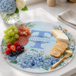 Blue Hydrangea Monogram Round Cutting Board