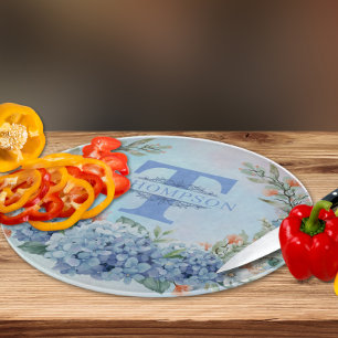Blue Hydrangea Monogram Round Cutting Board
