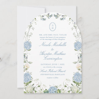 Blue Hydrangea Monogram Wedding Arch Invitation