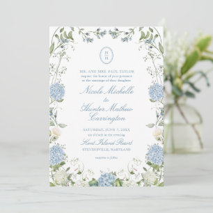 Blue Hydrangea Monogram Wedding Crest Invitation