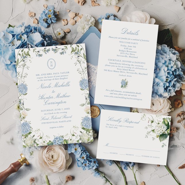Blue Hydrangea Monogram Wedding Crest Invitation (Creator Uploaded)