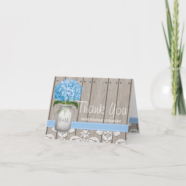 BLUE Hydrangea Monogrammed Mason Jar THANK YOU Card (Front)