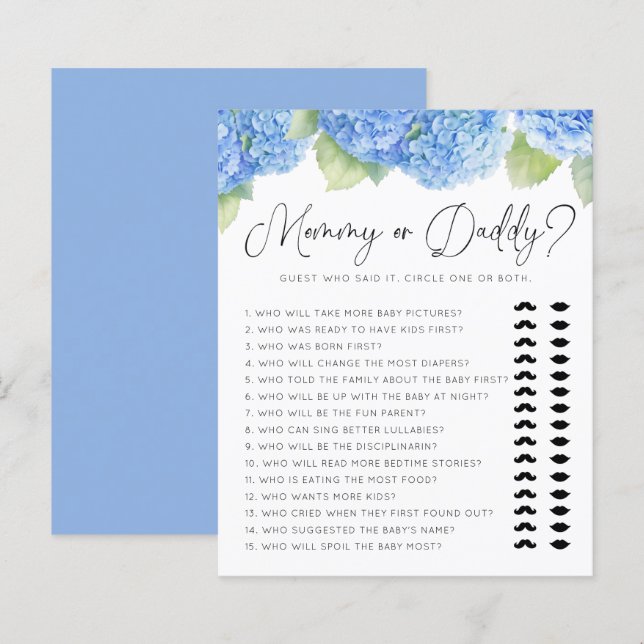 Blue Hydrangea Mummy or Daddy Baby Shower Games (Front/Back)