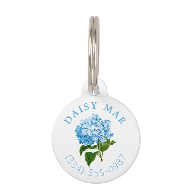 Blue Hydrangea Name and Phone Number Pet Tag (Front)
