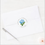 Blue Hydrangea Names and Wedding Date Classic Round Sticker<br><div class="desc">A simple and budget friendly detail for envelopes,  favours,  packaging and more,  these custom text round stickers feature a classic periwinkle blue hydrangea blossom and arched name and wedding date text.</div>