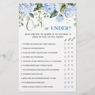 Blue Hydrangea Over Or Under Bridal Shower Game