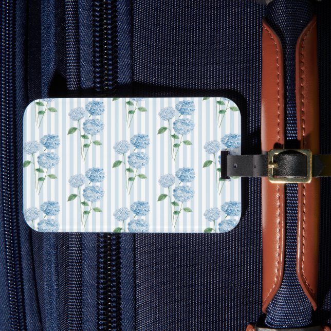 Blue Hydrangea Painting Blue Stripe Coastal Luggage Tag (Front Insitu 4)