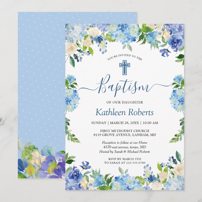 Blue Hydrangea Pastel Floral Baptism Christening Invitation (Front/Back)