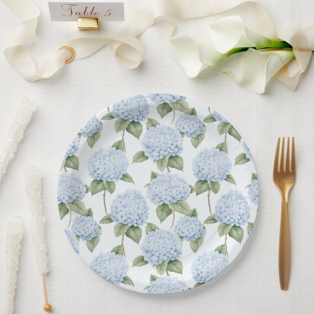 Blue Hydrangea Pattern Watercolor Floral Botanical Paper Plate (Wedding)
