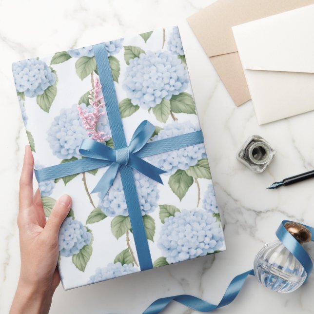 Blue Hydrangea Pattern Watercolor Floral Botanical Wrapping Paper (Gifting)
