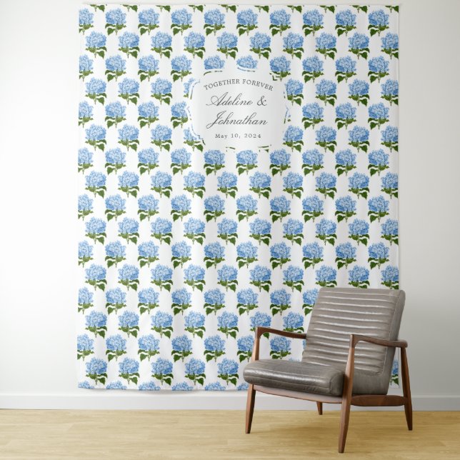 Blue Hydrangea Patterned Wedding Backdrop Tapestry (In Situ)