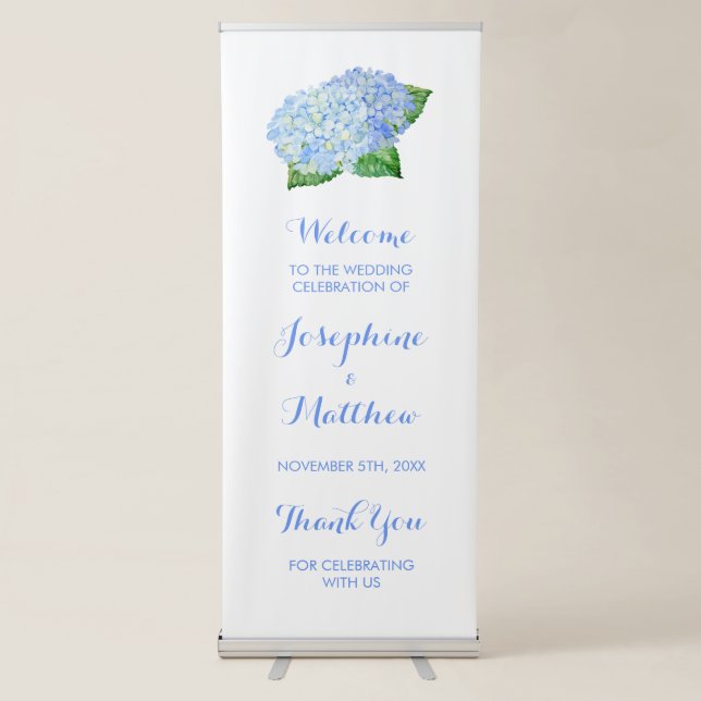 Blue Hydrangea Personalised Wedding Retractable Banner (Front)