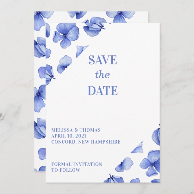 Blue Hydrangea Petals Non-Photo Save The Date (Front/Back)