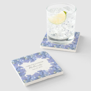 Blue Hydrangea Petals Wedding Personalised Names Stone Coaster