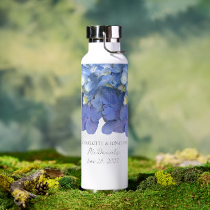 Blue Hydrangea Petals Wedding Personalised Names Water Bottle