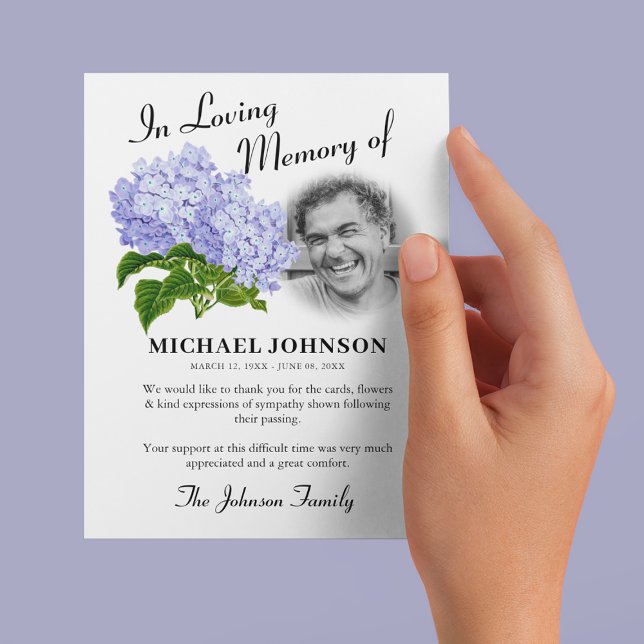 Blue Hydrangea Photo Funeral Thank You Card (Creator Uploaded)