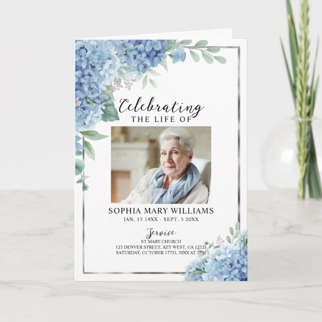 Blue Hydrangea Photo Memorial Funeral Program Card (Front)