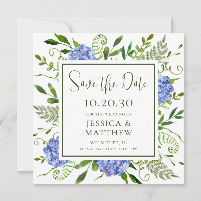 Blue Hydrangea Photo Wedding Save The Date (Front)