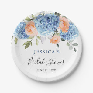 Blue Hydrangea Pink Blush Roses Bridal Shower Paper Plate
