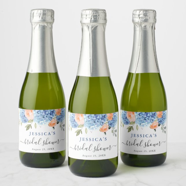 Blue Hydrangea Pink Blush Roses Bridal Shower Sparkling Wine Label (Bottles)