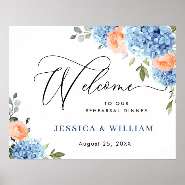 Blue Hydrangea Pink Blush Roses REHEARSAL DINNER Poster (Front)