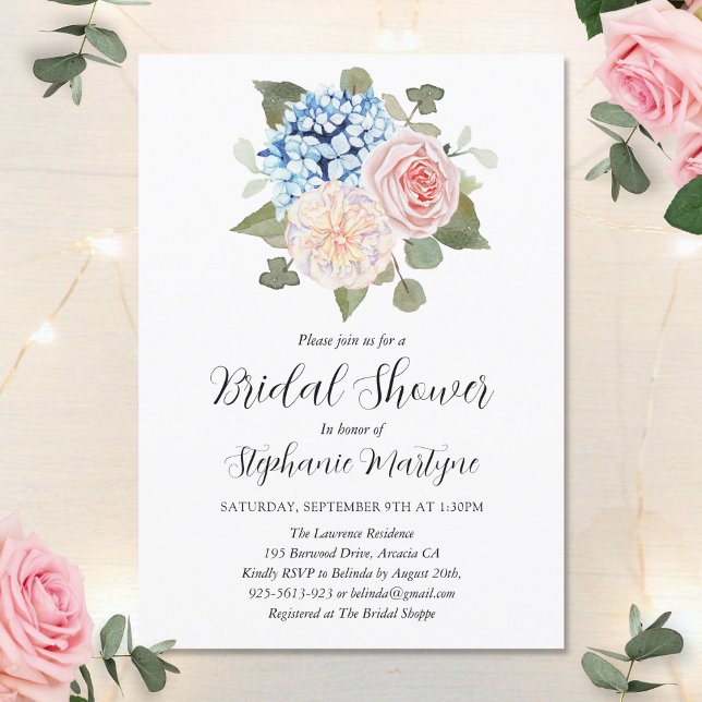 Blue Hydrangea Pink Floral Botanical Bridal Shower Invitation (Creator Uploaded)
