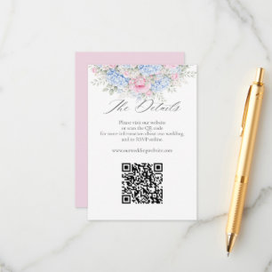 Blue Hydrangea Pink Floral Wedding Website QR Code Enclosure Card
