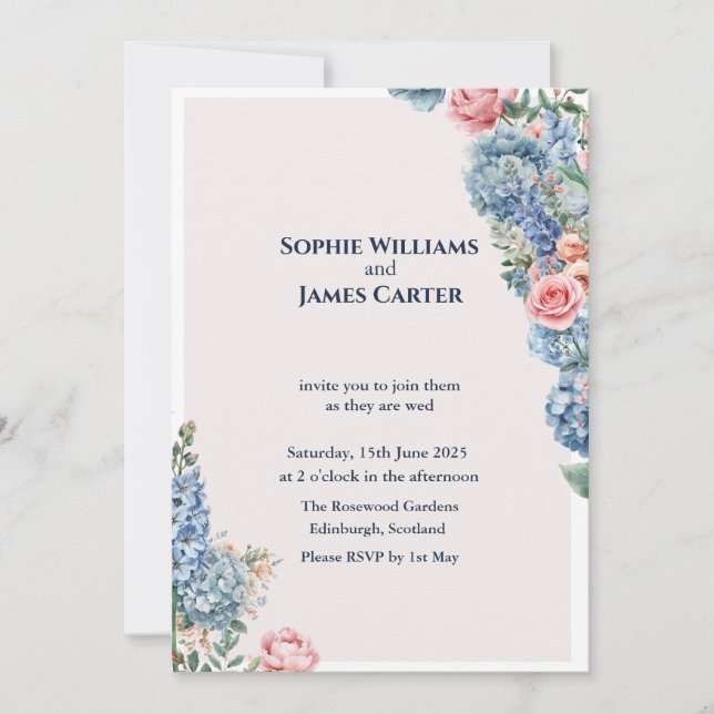 Blue Hydrangea Pink Peony Watercolour Wedding Invitation (Front)