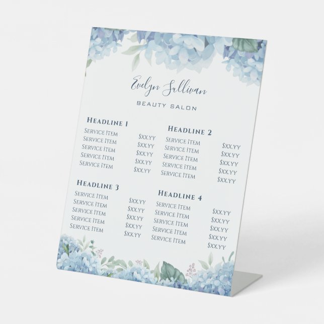 Blue hydrangea Price List Pedestal Sign (Front)