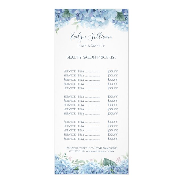 Blue hydrangea price list rack card (Front)