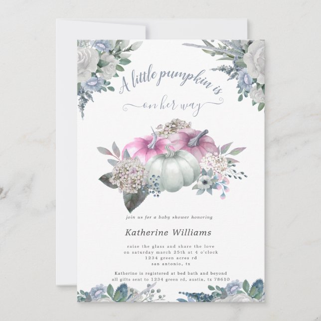 blue hydrangea pumpkin baby shower invitation (Front)