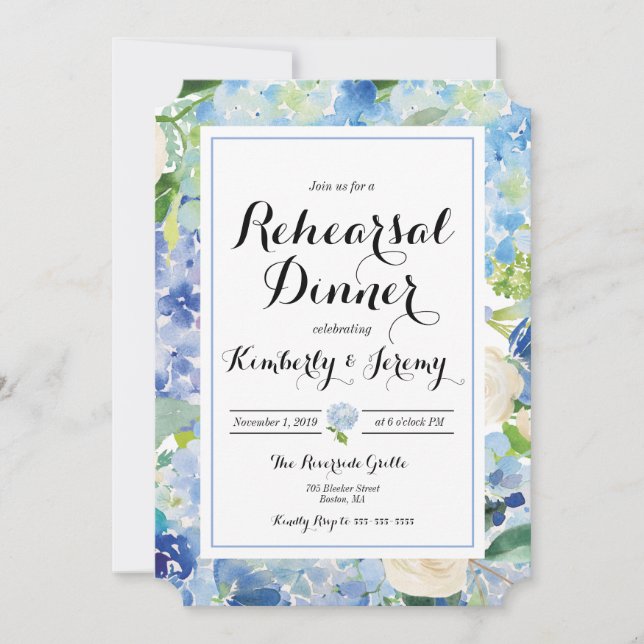 Blue Hydrangea Rehearsal Dinner Invitation Card (Front)
