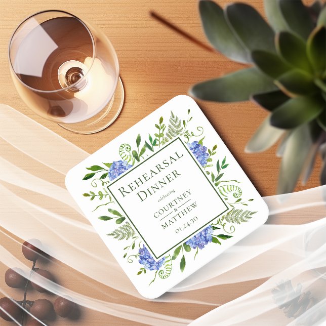 Blue Hydrangea Rehearsal Dinner Square Paper Coaster (Creator Uploaded)