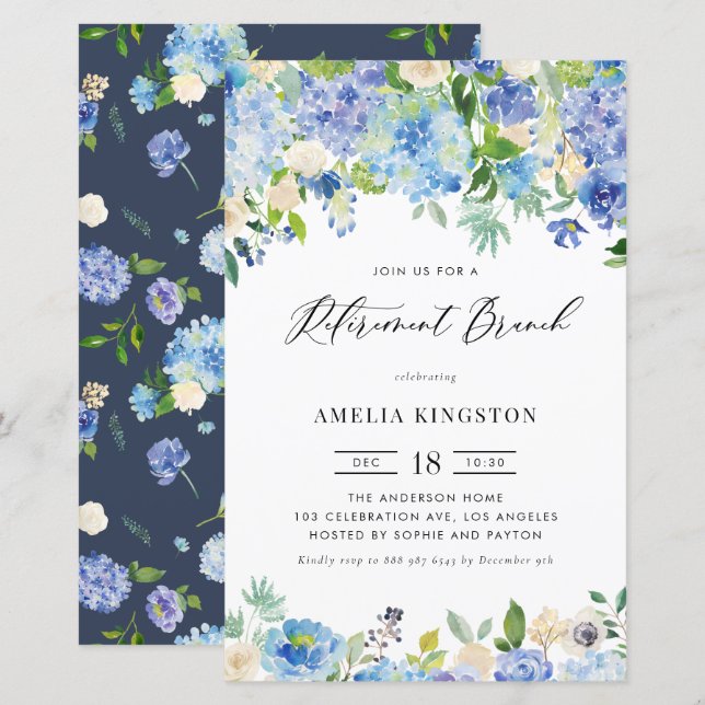 Blue Hydrangea Retirement Brunch Invitation (Front/Back)