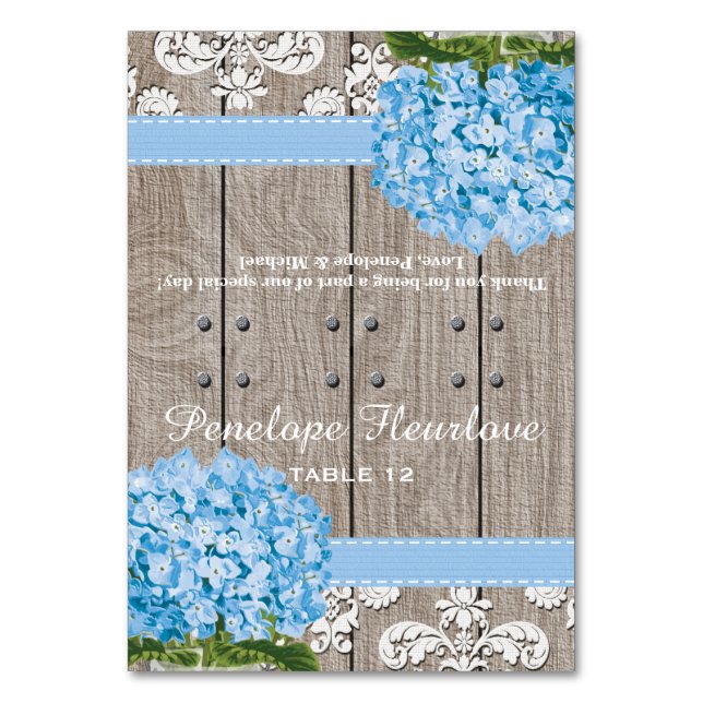 Blue Hydrangea Ribbon DIY Tent Place Card (Front)