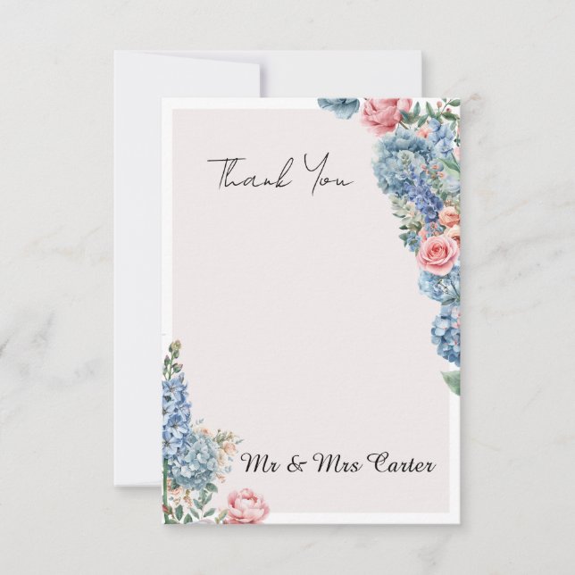 Blue Hydrangea Rose Wedding Thank You Card (Front)