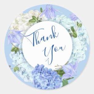 Blue Hydrangea Roses Greenery  Floral Thank You Classic Round Sticker
