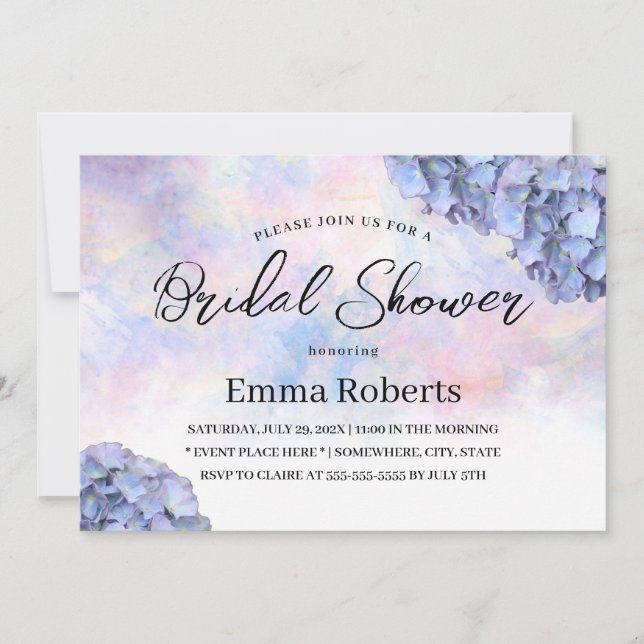Blue Hydrangea Rustic Watercolor Bridal Shower Invitation (Front)