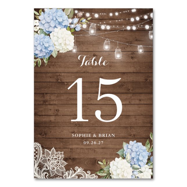 Blue Hydrangea Rustic Wood Lace String Lights Table Number (Front)