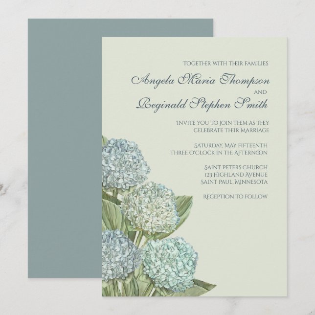 Blue Hydrangea/ Sage Green  Invitation (Front/Back)