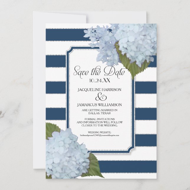 Blue Hydrangea Save the Date Wide Striped Floral Invitation (Front)