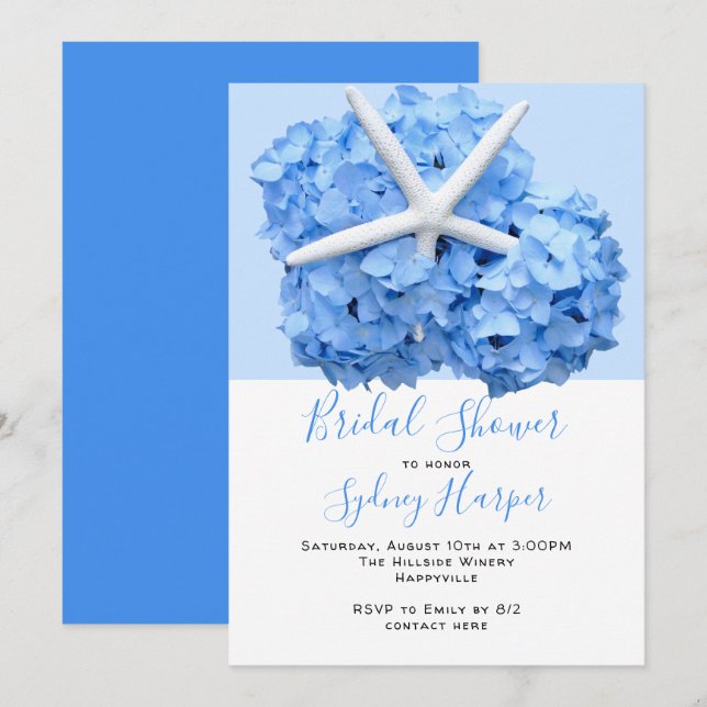 Blue Hydrangea Seaside Garden Bridal Shower Invita Invitation (Front/Back)